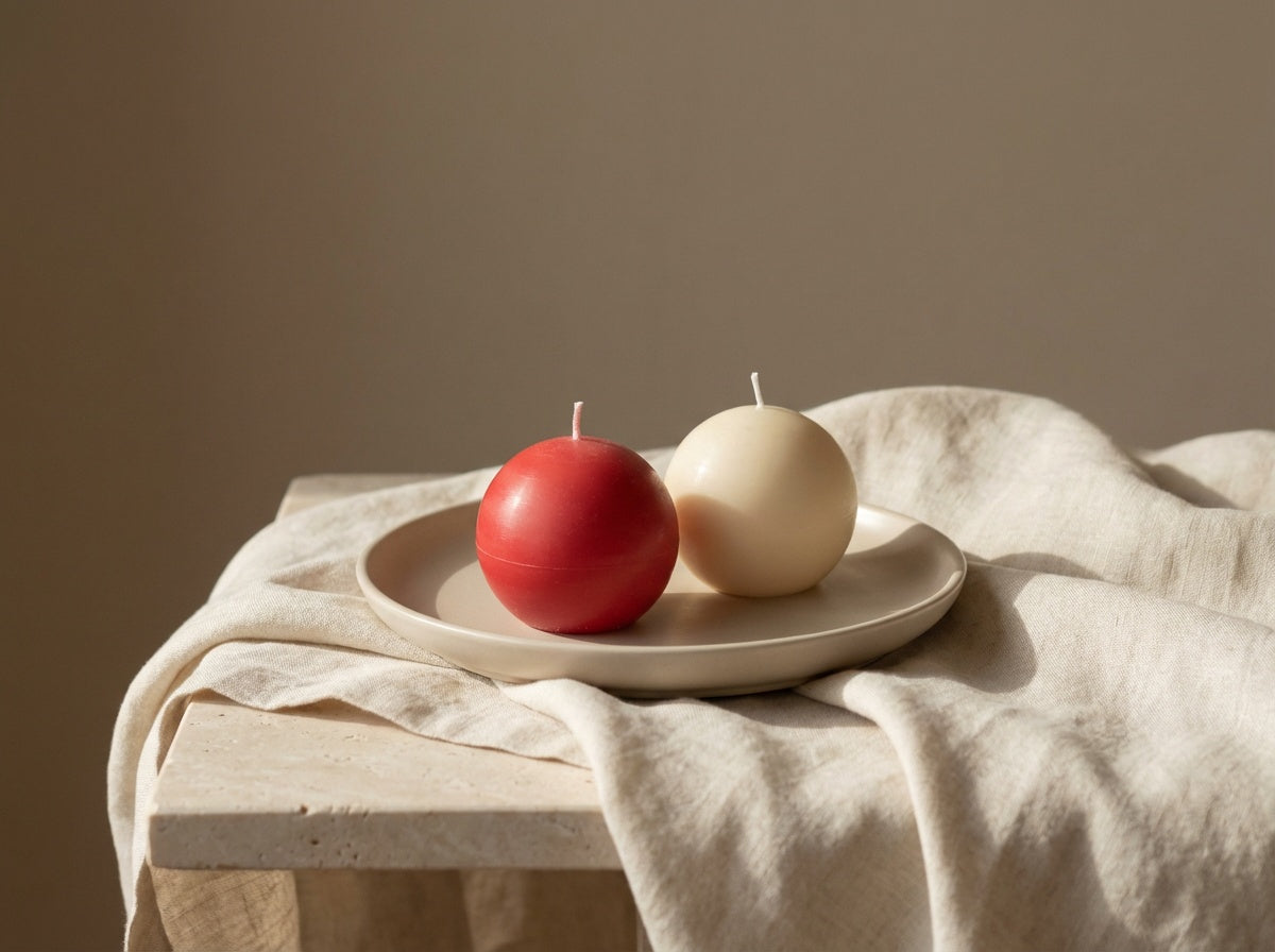 Two red and white spherical candles on a beige plate with a beige cloth and background.