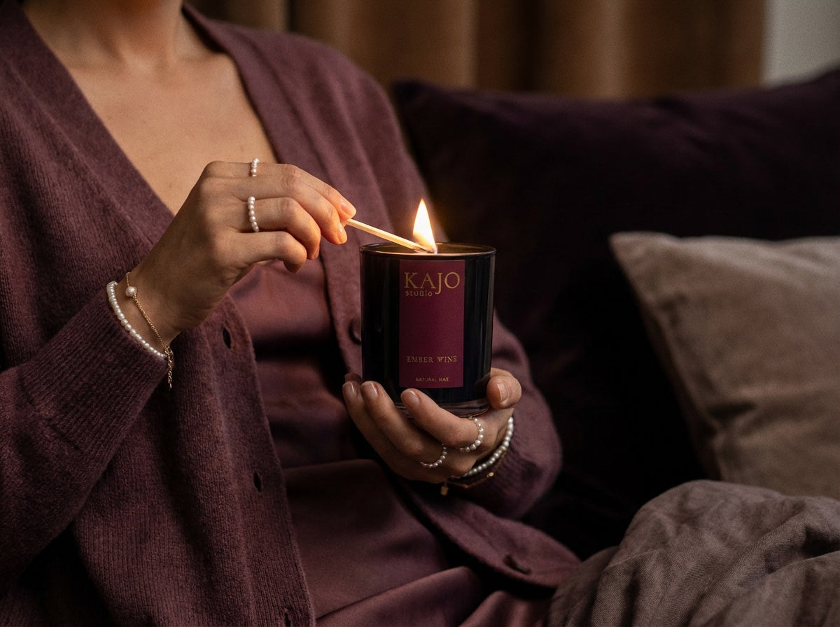 Person lighting a candle labeled 'KAJO' with a warm, cozy background.