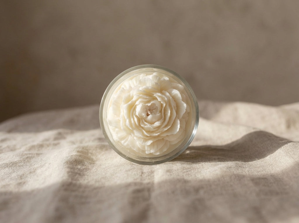 Candle with a rose design on a textured surface