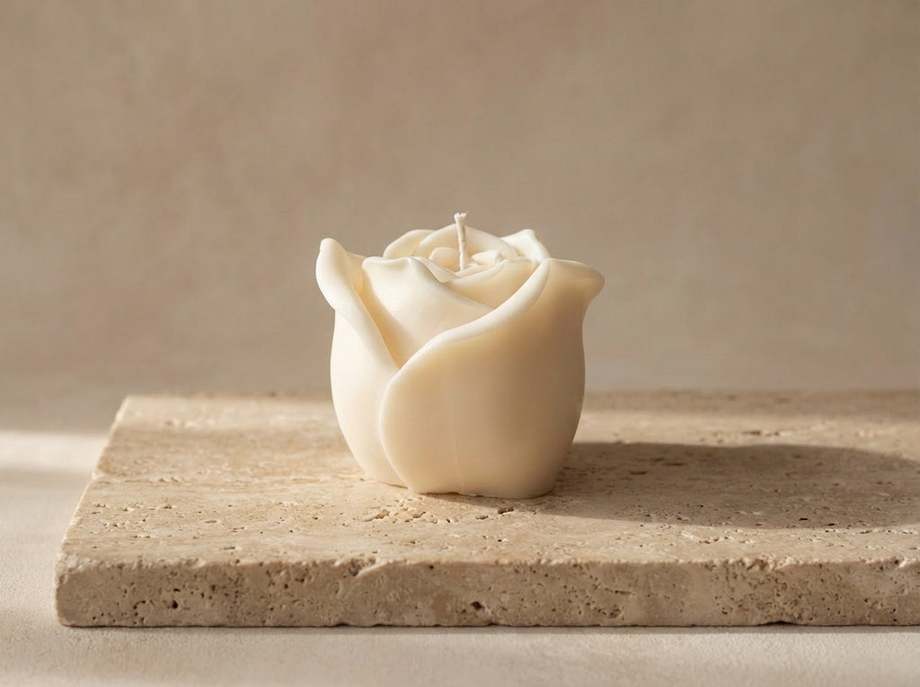 Rose-shaped candle on a stone surface with a neutral background