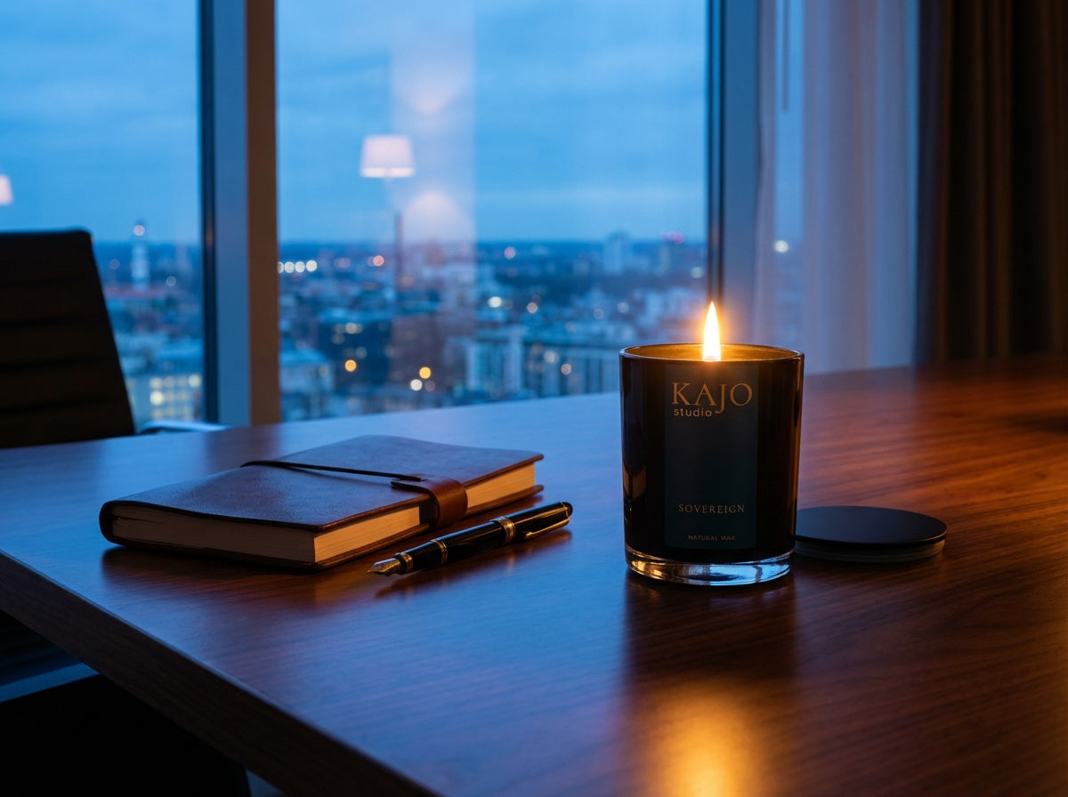 Candle with 'KAJO' branding on a desk with a cityscape view